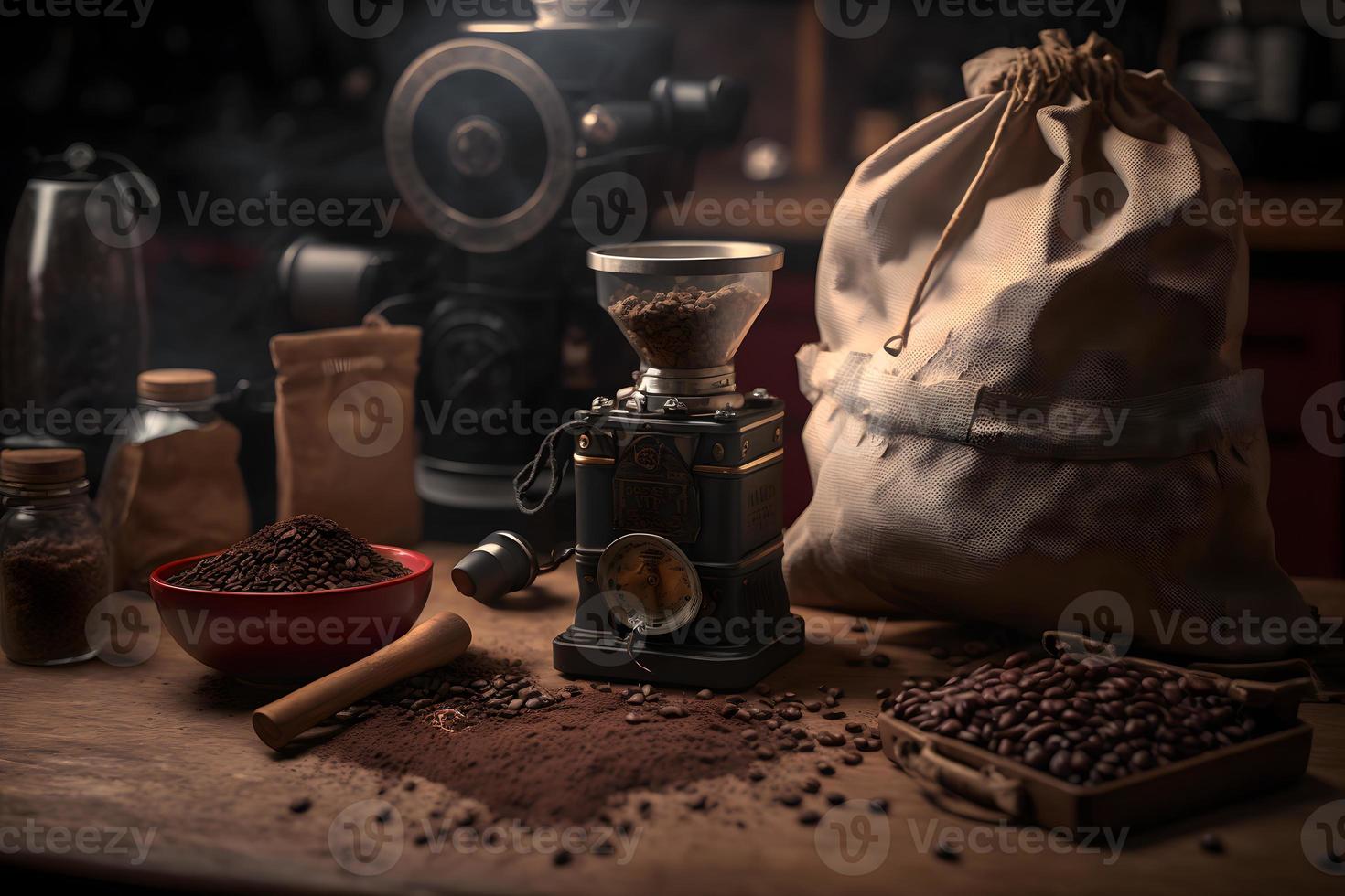 arabe café des haricots dans sac et broyeur avec sol café boisson la photographie photo