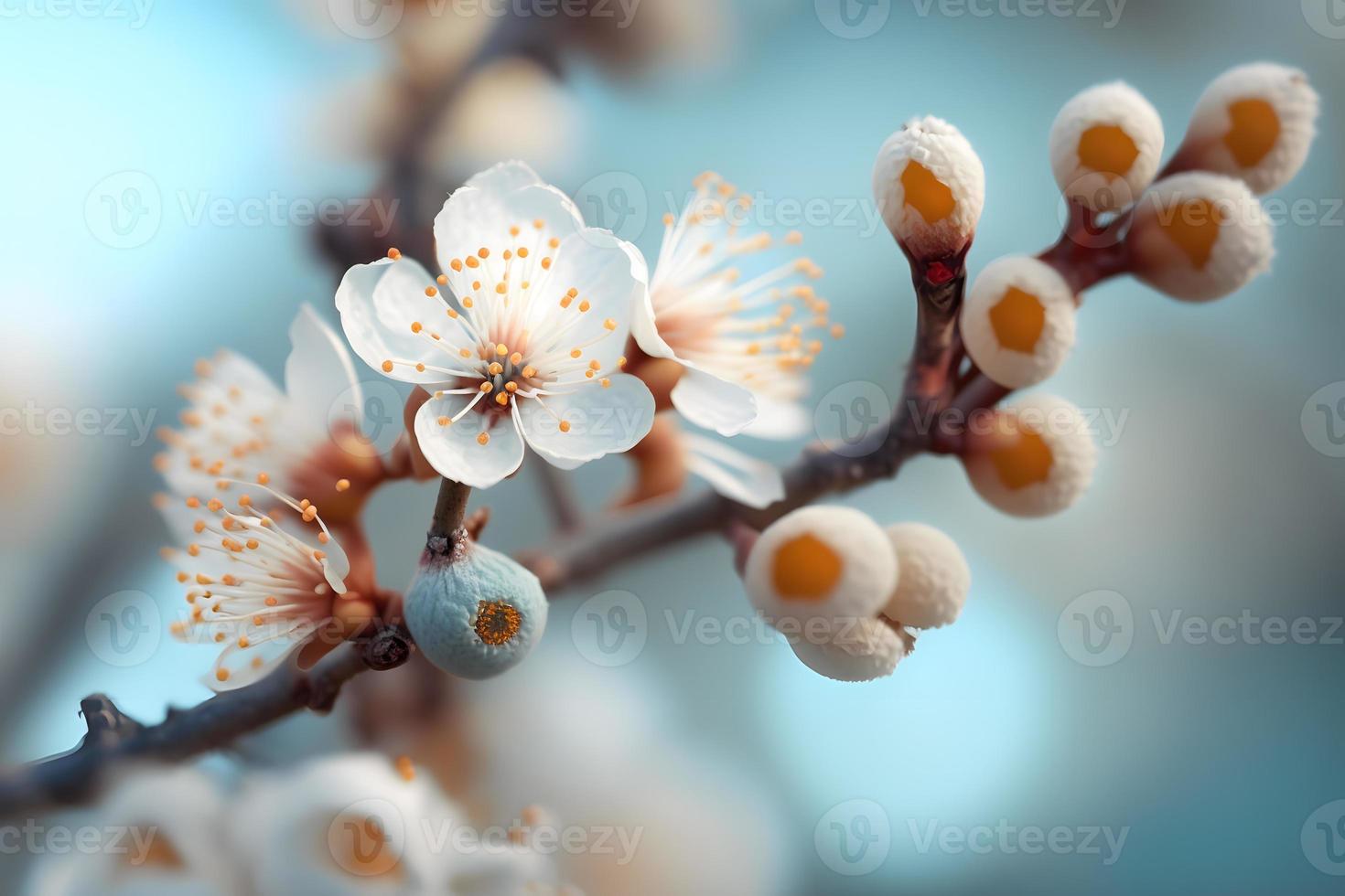 Photos magnifique floral printemps abstrait Contexte de la nature. branches de épanouissement abricot macro avec doux concentrer sur doux lumière bleu ciel Contexte