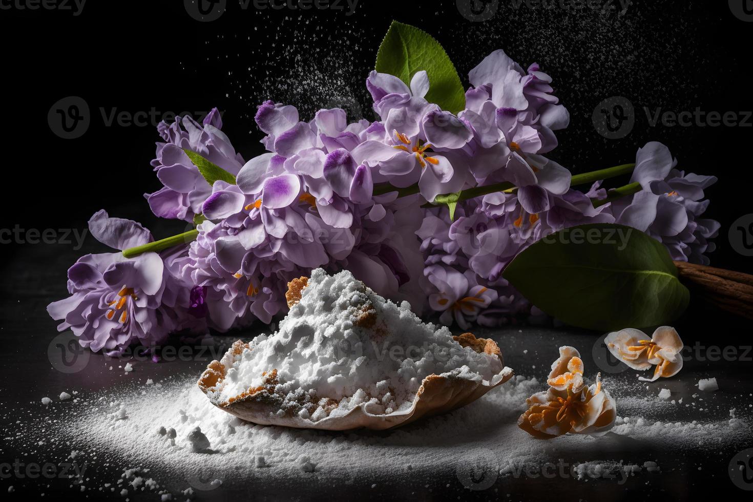 fait maison et savoureux frit lilas fleur avec en poudre sucre nourriture la photographie photo