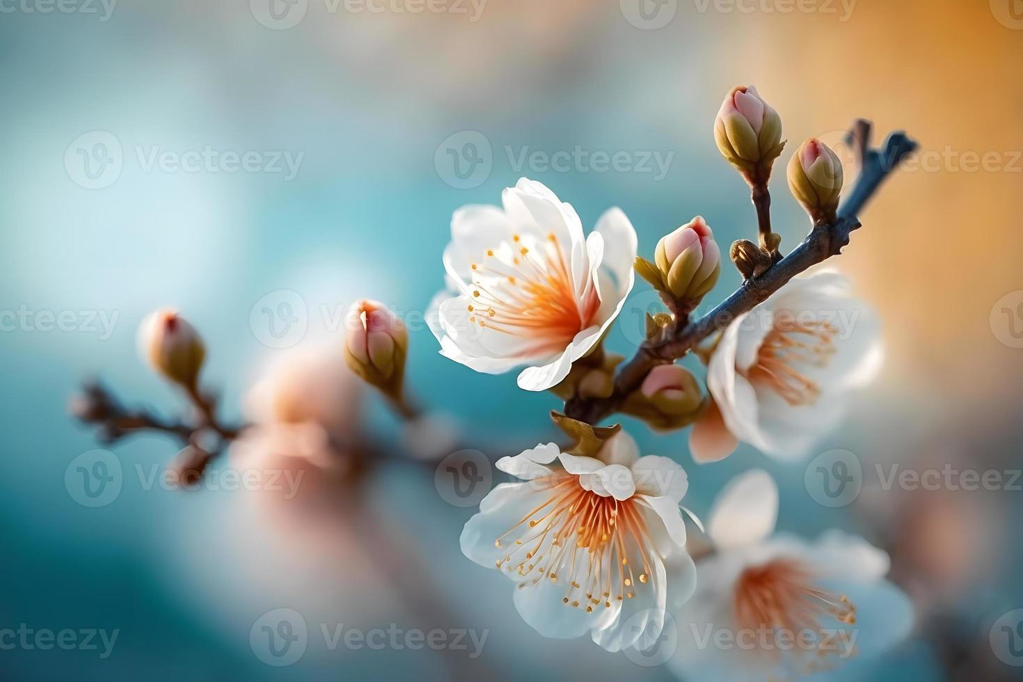 Photos magnifique floral printemps abstrait Contexte de la nature. branches de épanouissement abricot macro avec doux concentrer sur doux lumière bleu ciel Contexte