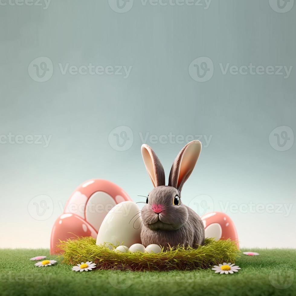 lapin et décoratif des œufs sur vert herbe et fleurs pour Pâques vacances fête Contexte carte photo