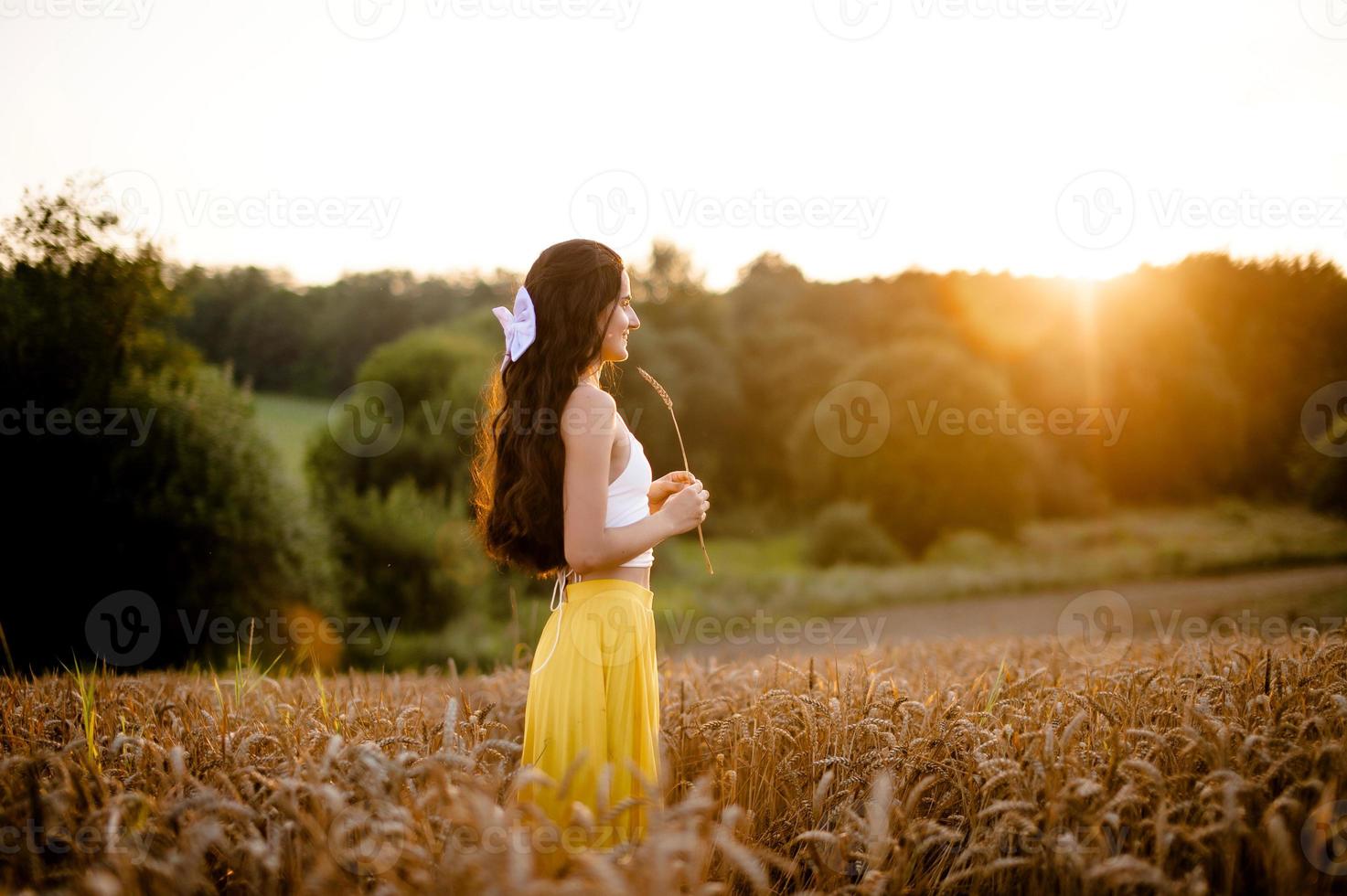 une fille avec longue cheveux des stands dans une Jaune jupe dans une champ avec épillets et regards à le Soleil photo