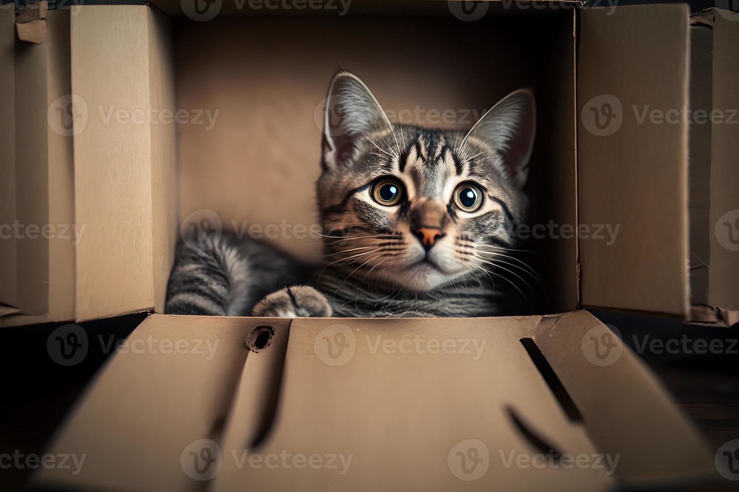 portrait mignonne gris tigré chat dans papier carton boîte sur sol à Accueil la photographie photo