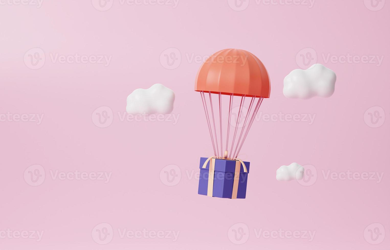 3d rouge parachute porter une violet cadeau boîte en volant par le des nuages. 3d rendre illustration photo