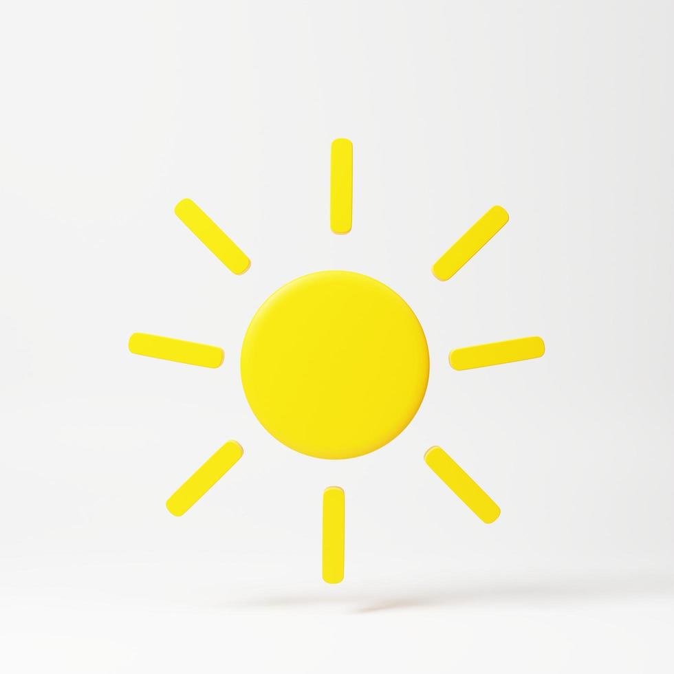 Jaune Soleil avec des rayons, Soleil étoile. 3d le rendu icône. dessin animé minimal style. été, temps, nature, espace concept. photo