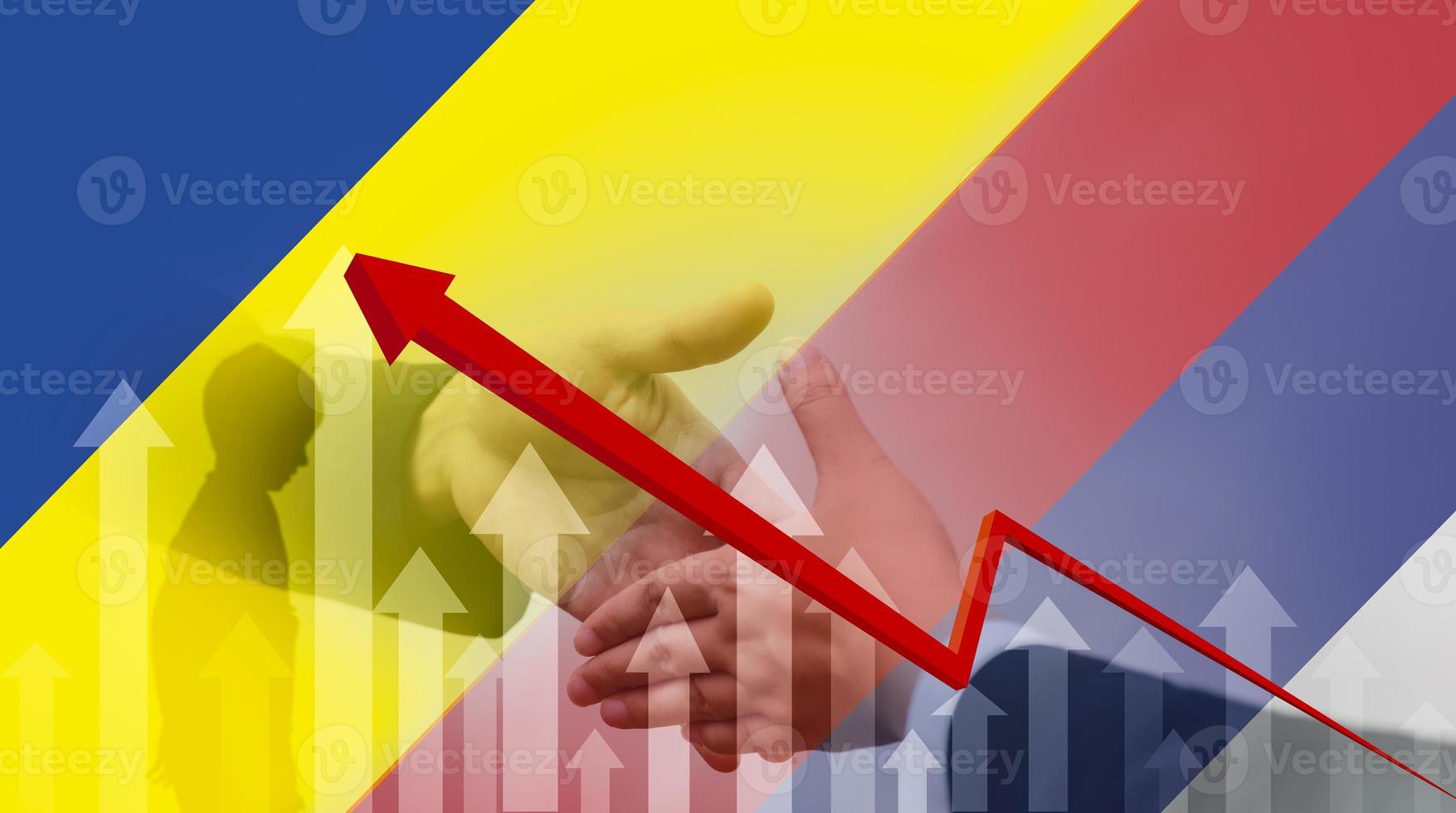drapeaux de le russe fédération et Ukraine, Stock marché échange foutre commerce graphique une analyse investissement affaires graphique graphiques financier, 2022-2023 dû à le conflit avec Ukraine. photo