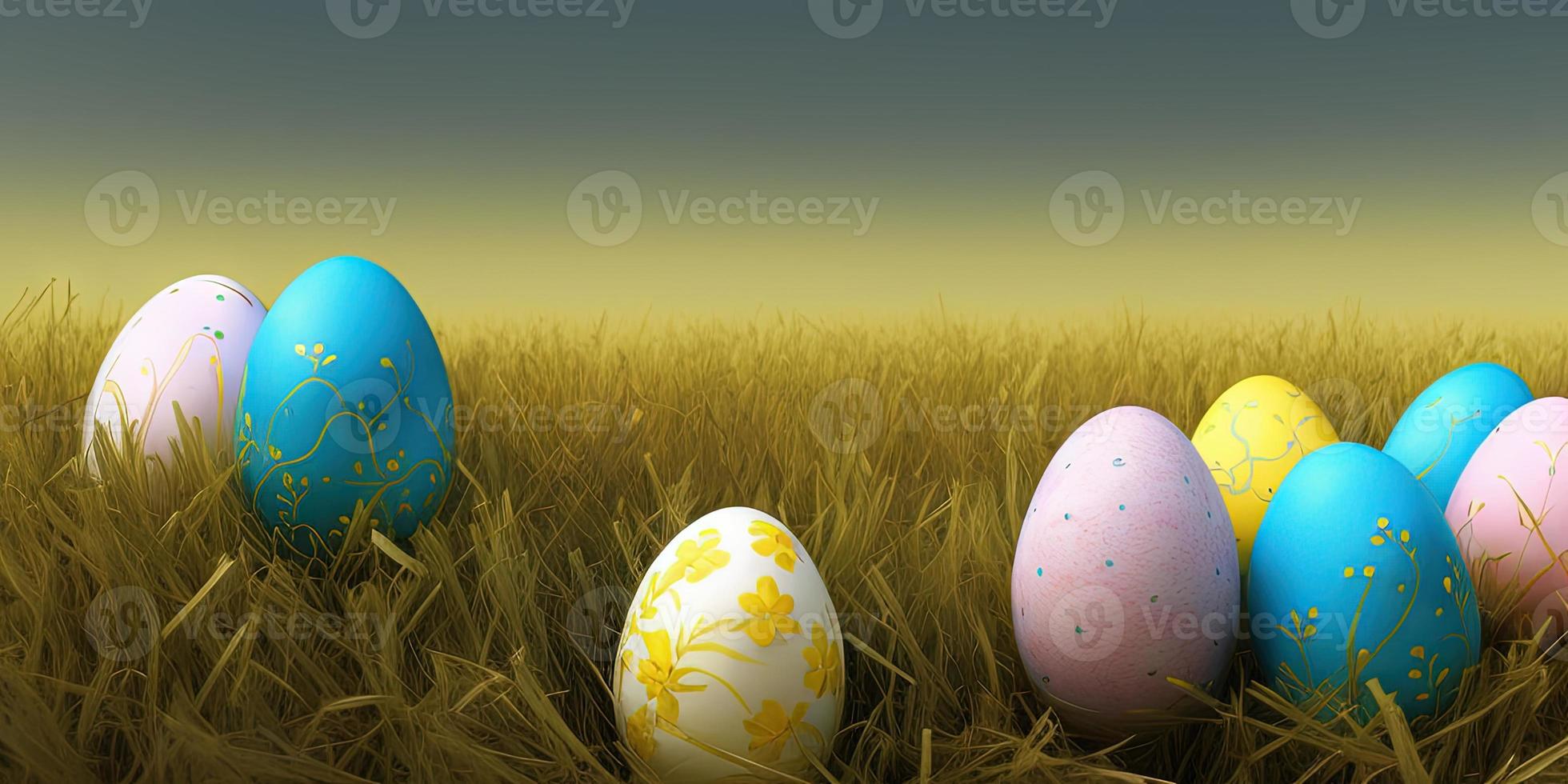 Pâques Contexte avec décoré Pâques des œufs sur une vert Prairie dans le printemps saison. photo