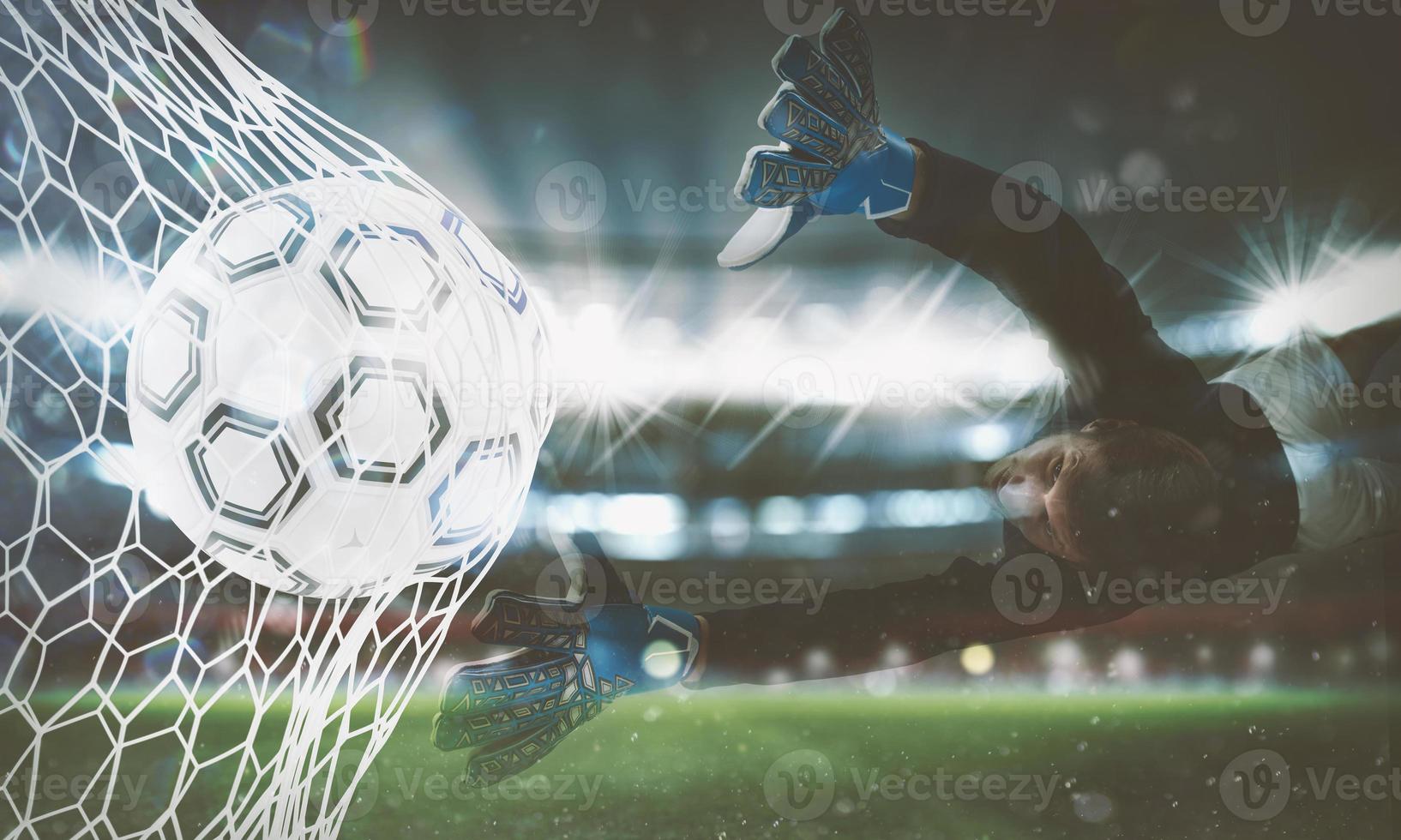 Contexte de une football Balle notes une objectif sur le filet. 3d le rendu photo