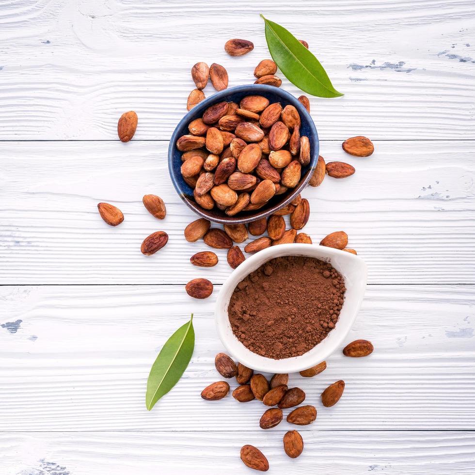 Vue de dessus de la poudre de cacao et de fèves de cacao sur un fond en bois blanc photo