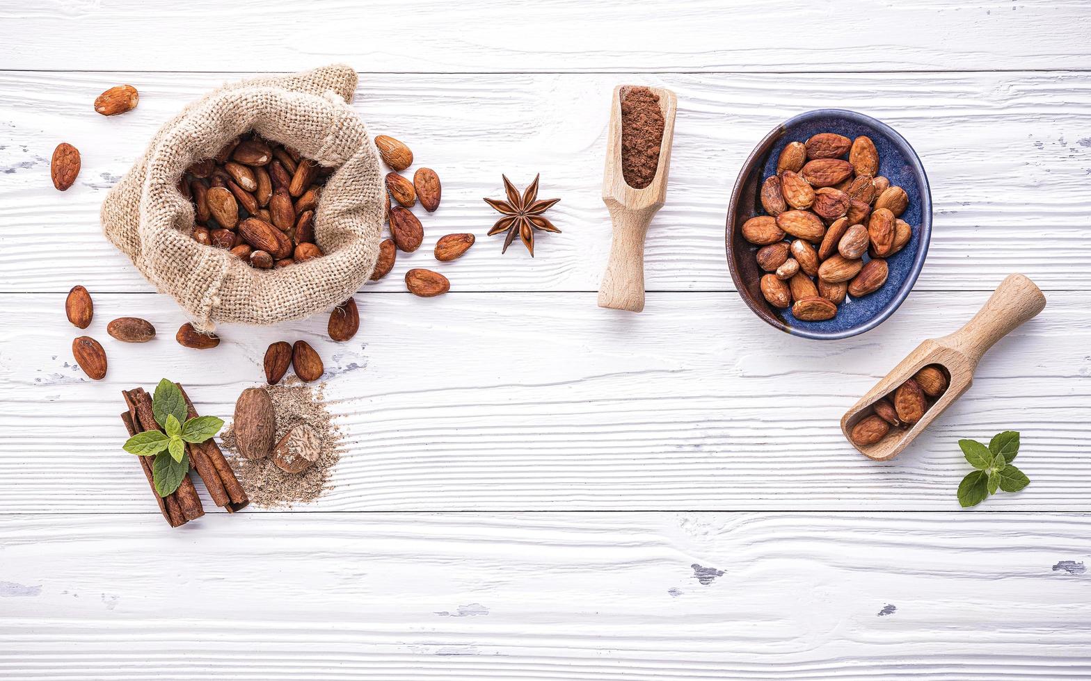 fèves de cacao sur bois blanc minable photo