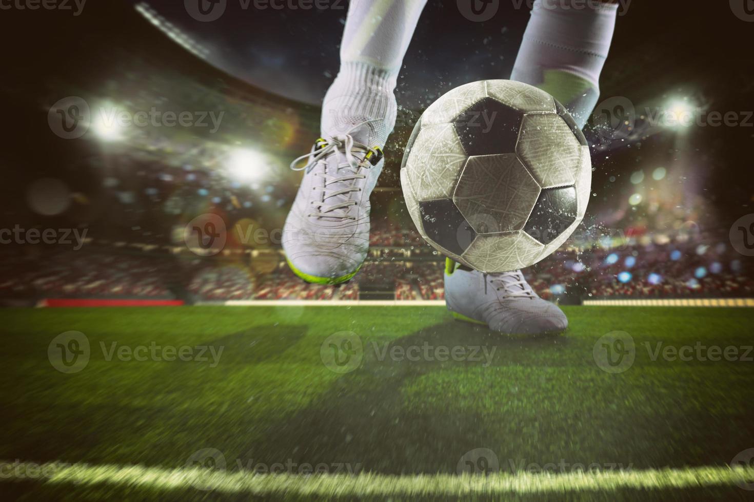 proche en haut de une football scène avec joueur coups de pied le Balle à le stade photo