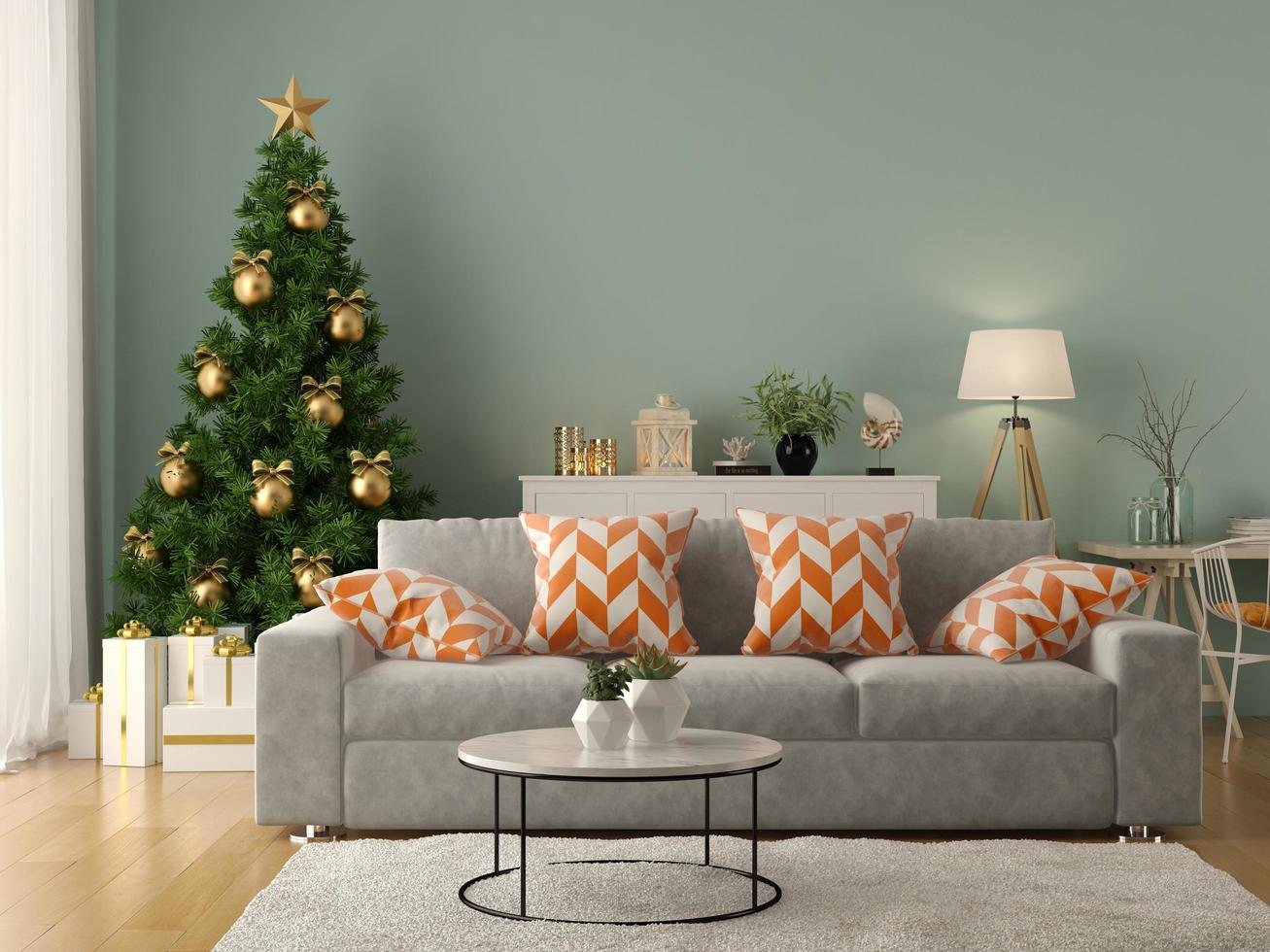 Intérieur du salon moderne avec un arbre de Noël en rendu 3d photo