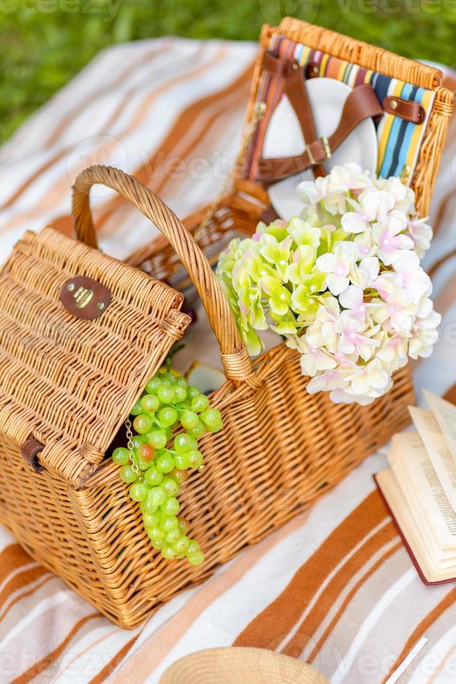 Extérieur pique-nique. pique-nique panier sur une rayé plaid dans une  clairière, copie espace 23614610 Photo de stock chez Vecteezy