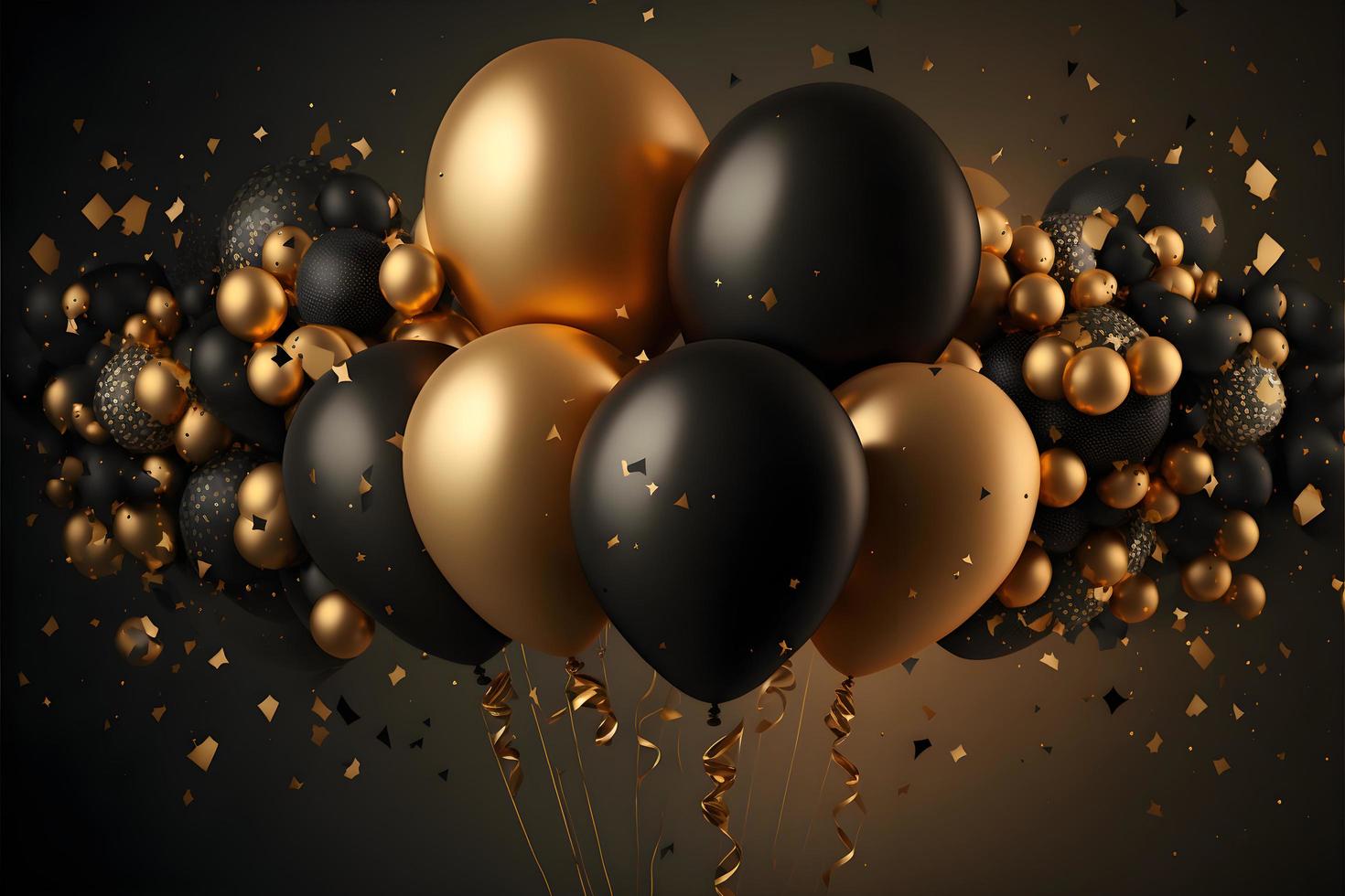 bouquet de d'or et noir des ballons lié ensemble pour mariage anniversaire fête concept arrière-plan, génératif ai, brillant brillant 3d des ballons Contexte pour fête. gratuit photo