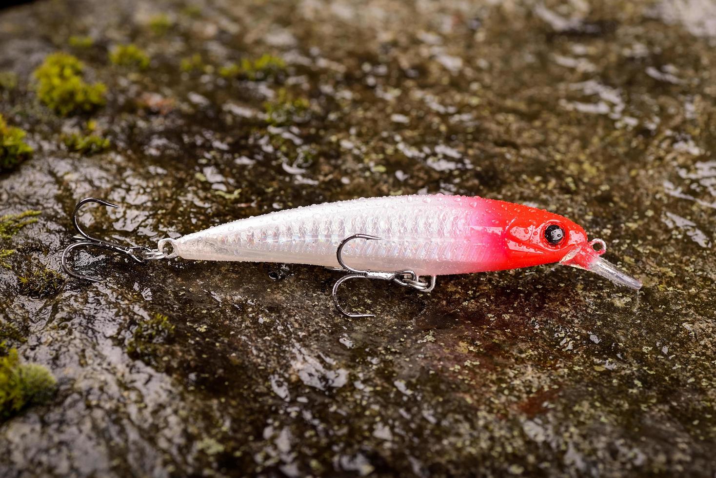 Leurre de pêche wobbler sur une pierre humide avec de la mousse photo