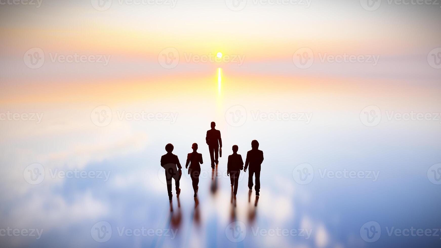 silhouette homme d'affaire équipe en marchant sur réflexion sol, 3d le rendu gens dans retour vue à le coucher du soleil temps. photo