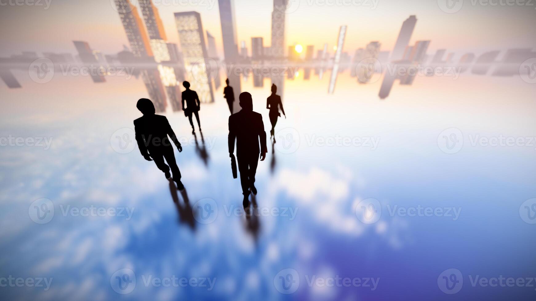3d rendu,silhouette groupe de affaires équipe en marchant sur réflexion sol, illustration graphique avec ville Contexte. photo