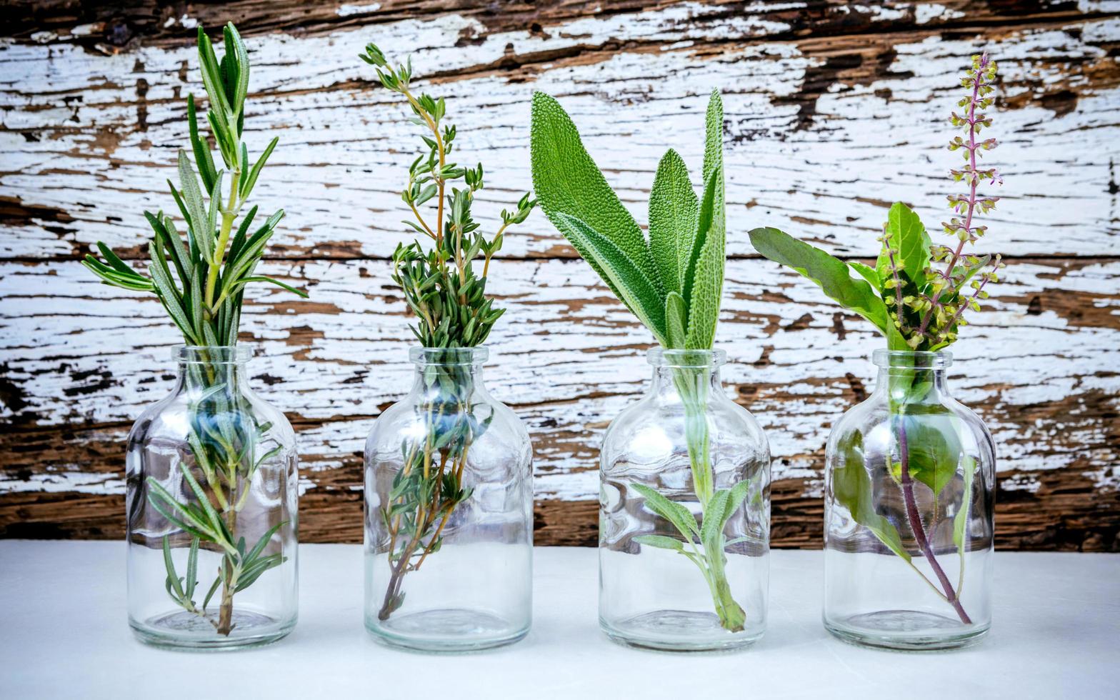 herbes dans des bouteilles en verre sur un fond minable photo