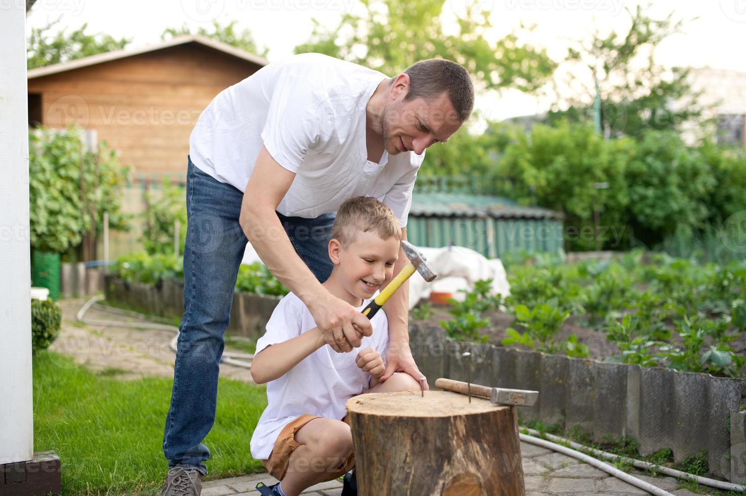 papa enseigne le sien fils à marteau ongles dans une arbre photo