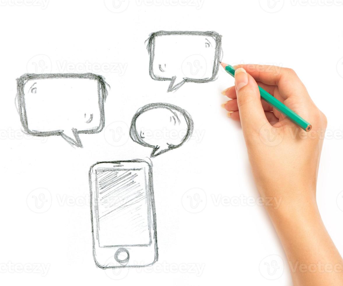 femme main dessine téléphone et messages sur blanc photo