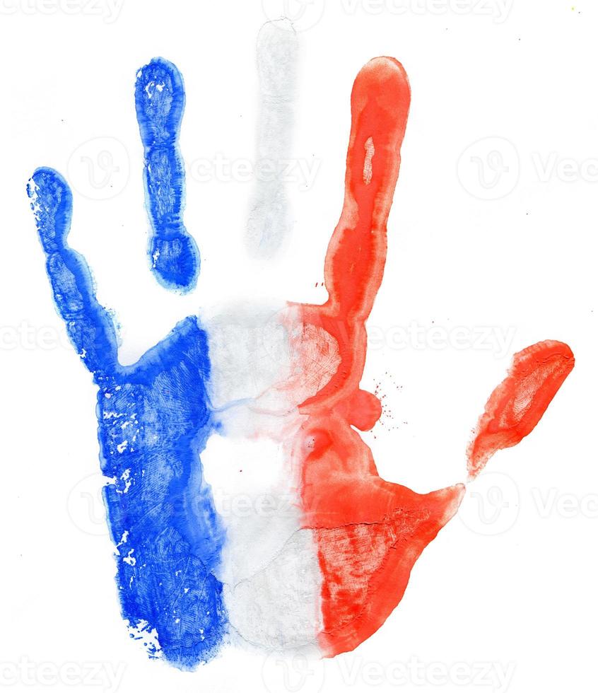 empreinte de main de une France drapeau sur une blanc photo