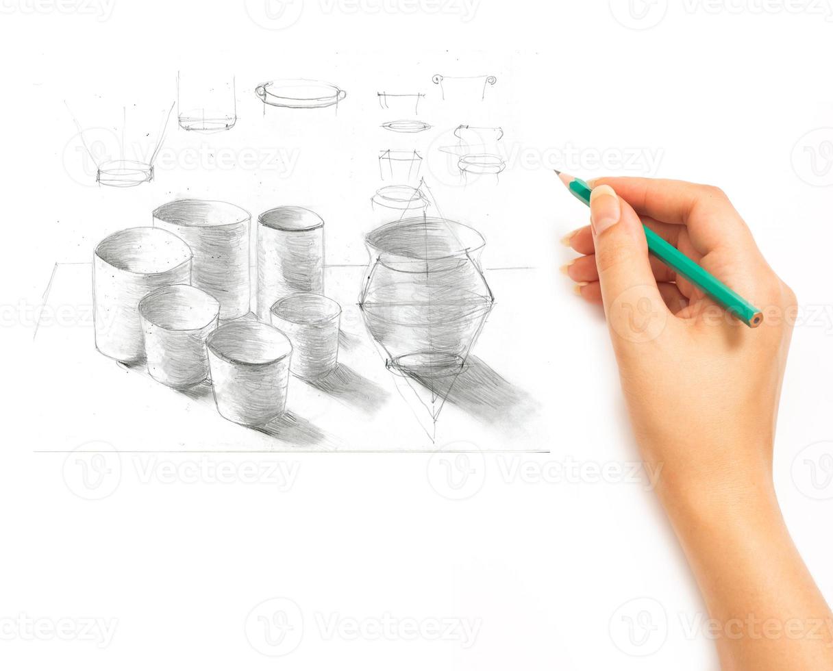 main dessine une crayon articles ustensiles de cuisine sur une blanc photo