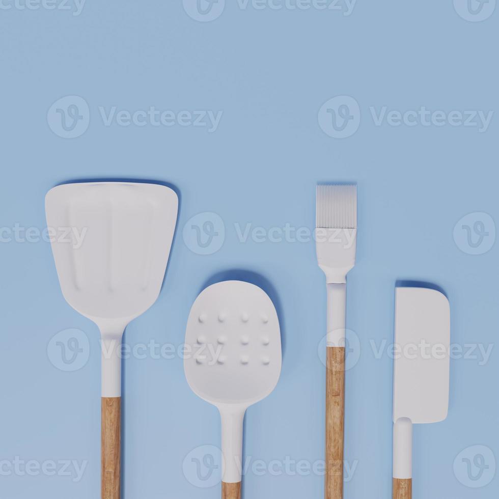 3d le rendu blanc spatule ensemble sur bleu arrière-plan, ensemble de tourneur photo