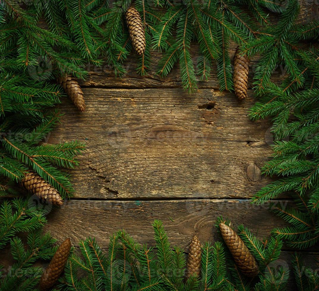 Noël arbre branches avec cônes sur en bois texture prêt pour votre conception photo