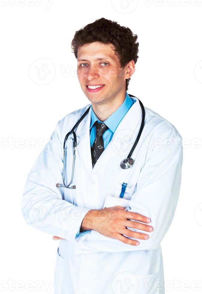 portrait de une souriant Masculin médecin sur blanc photo