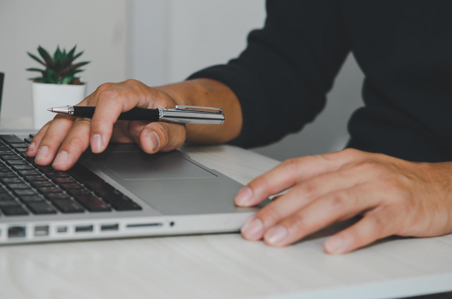 professionnel travaillant sur un ordinateur portable avec un stylo photo