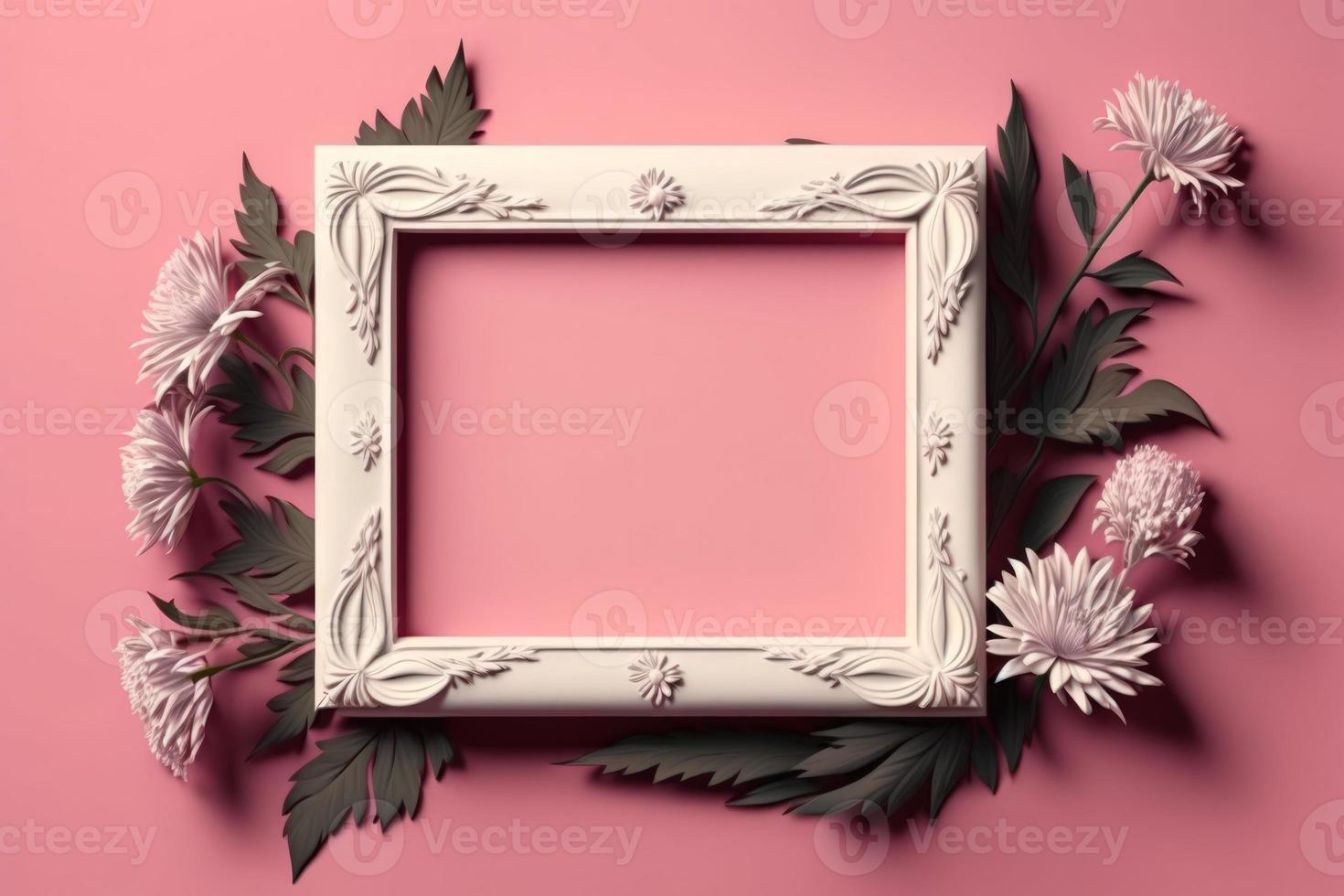 vide blanc Cadre sur rose Contexte avec fleurs et feuilles sur le coin photo