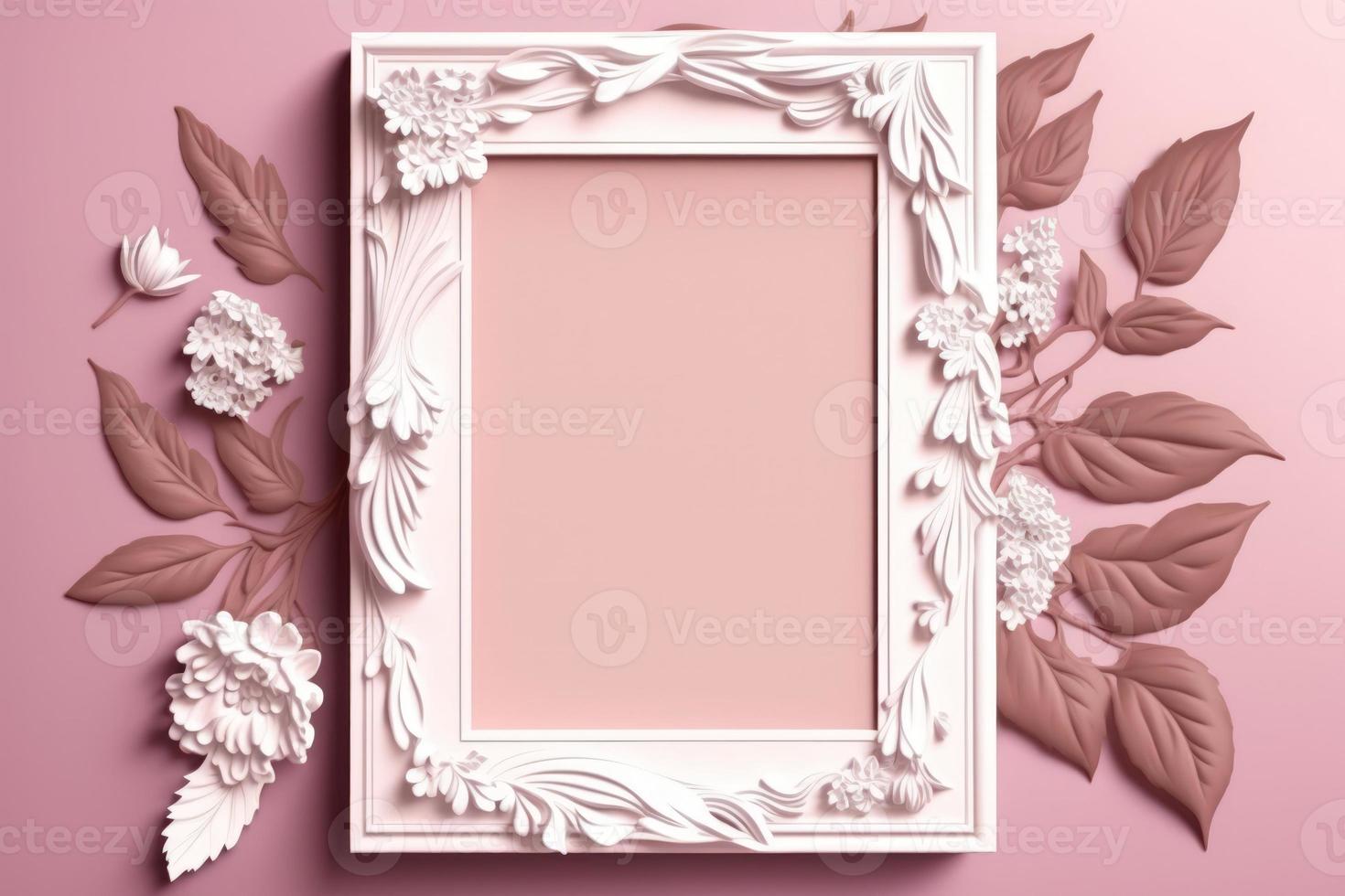 vide blanc Cadre sur rose Contexte avec fleurs et feuilles sur le coin photo