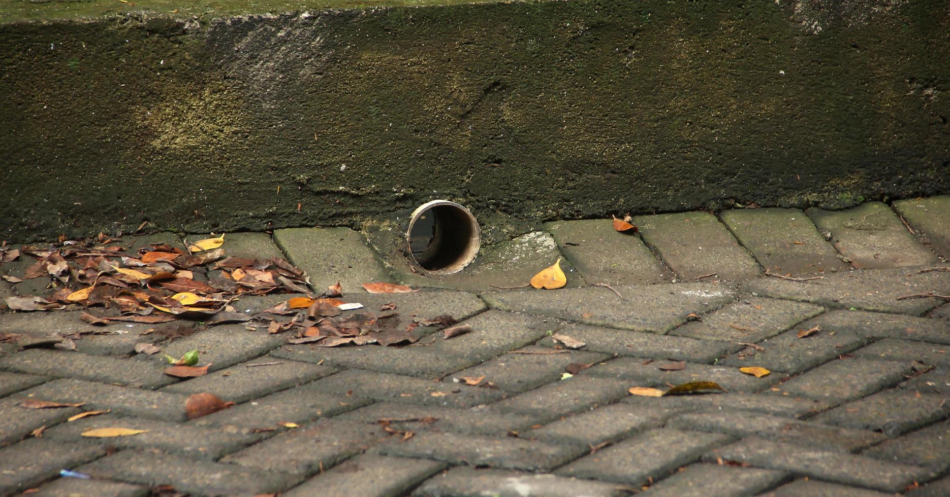 un l'eau tuyau à eaux usées ou égout sur brique trottoir photo isolé sur Extérieur arrière-plan, avec une peu séché feuilles sur le sol.