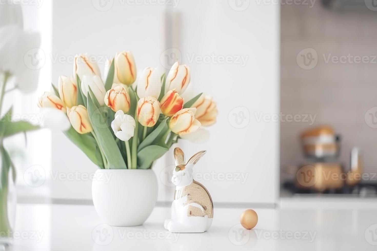 Pâques table réglage avec tulipes, Pâques lapins, et des œufs avec d'or motifs dans le blanc style scandinave cuisine Contexte. magnifique minimaliste conception pour salutation carte photo