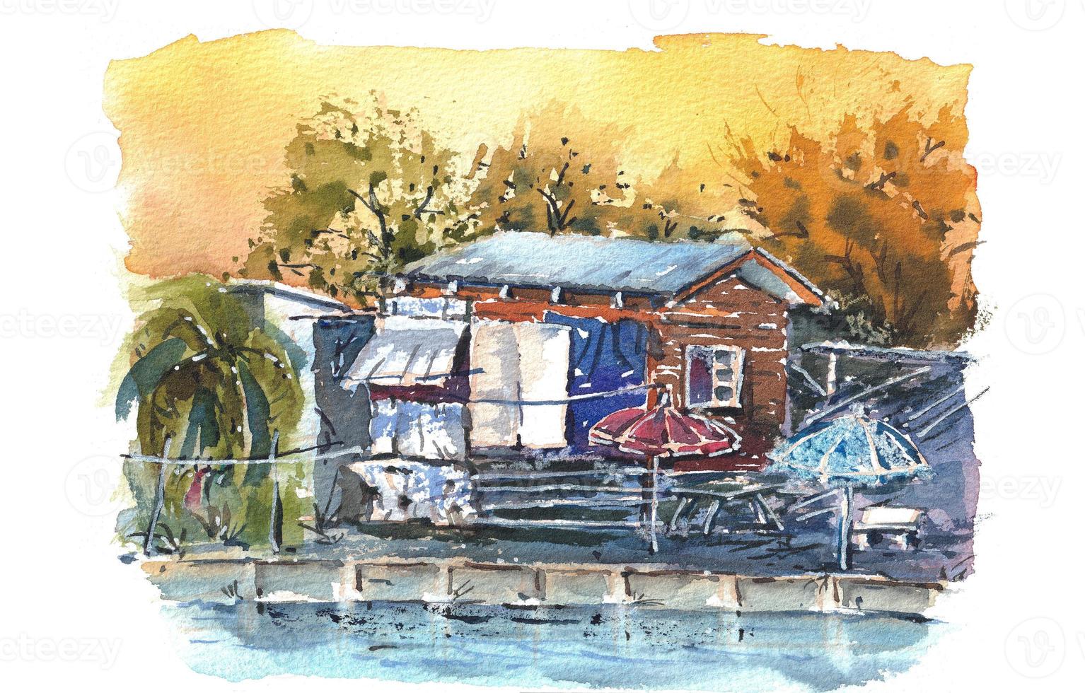 main tiré aquarelle La peinture de local maison et canal. paysage aquarelle peinture. balayage haute résolution. photo