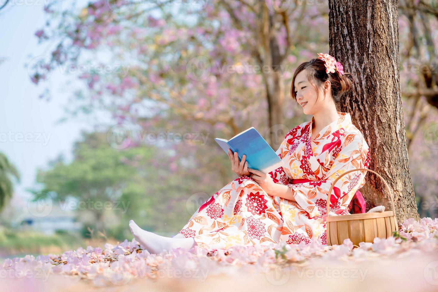 Dame dans traditionnel kimono robe en train de lire livre à Cerise fleur arbre dans printemps festival. photo