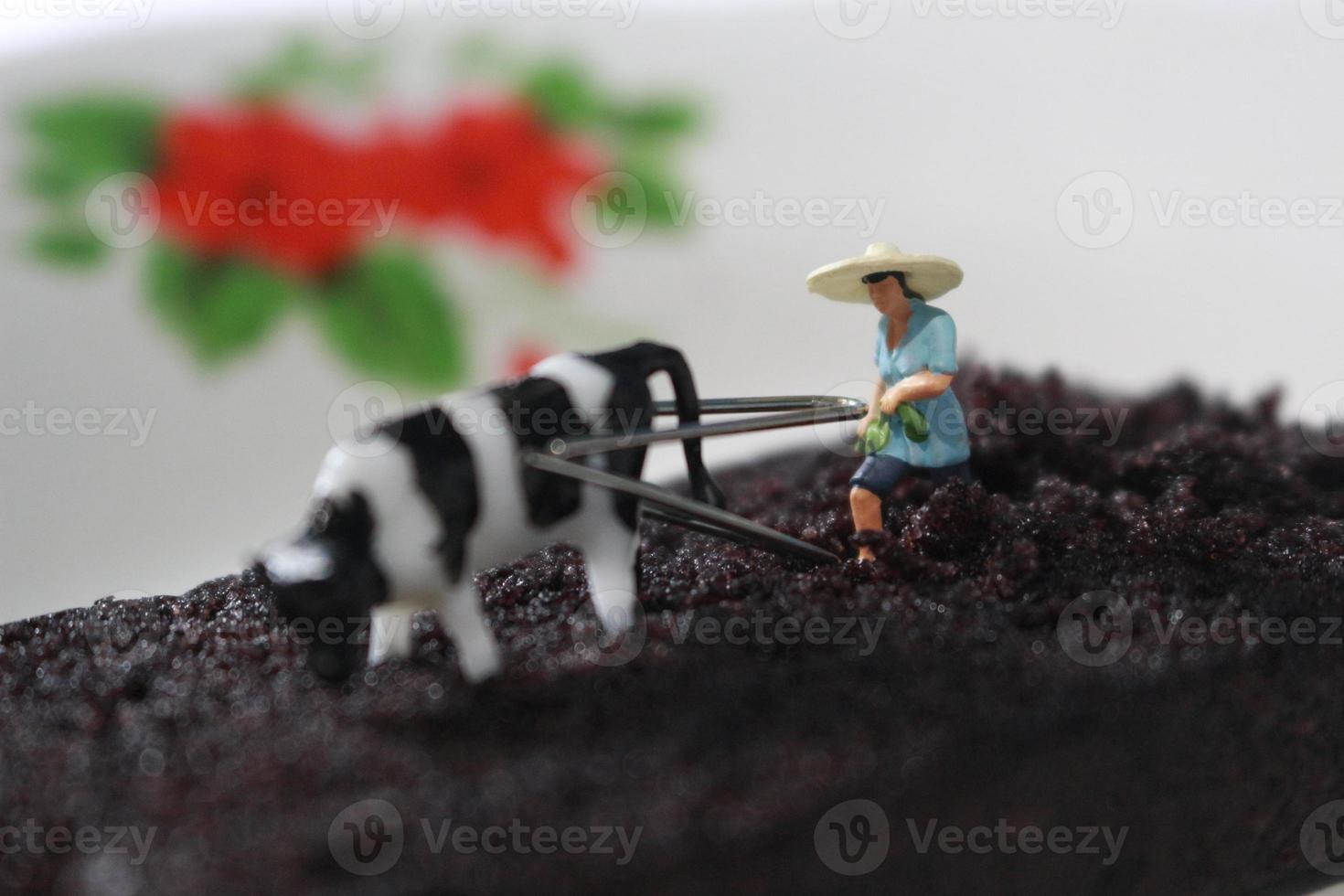 miniature figure de une agriculteur comme si il a été labour une Chocolat éponge gâteau. photo