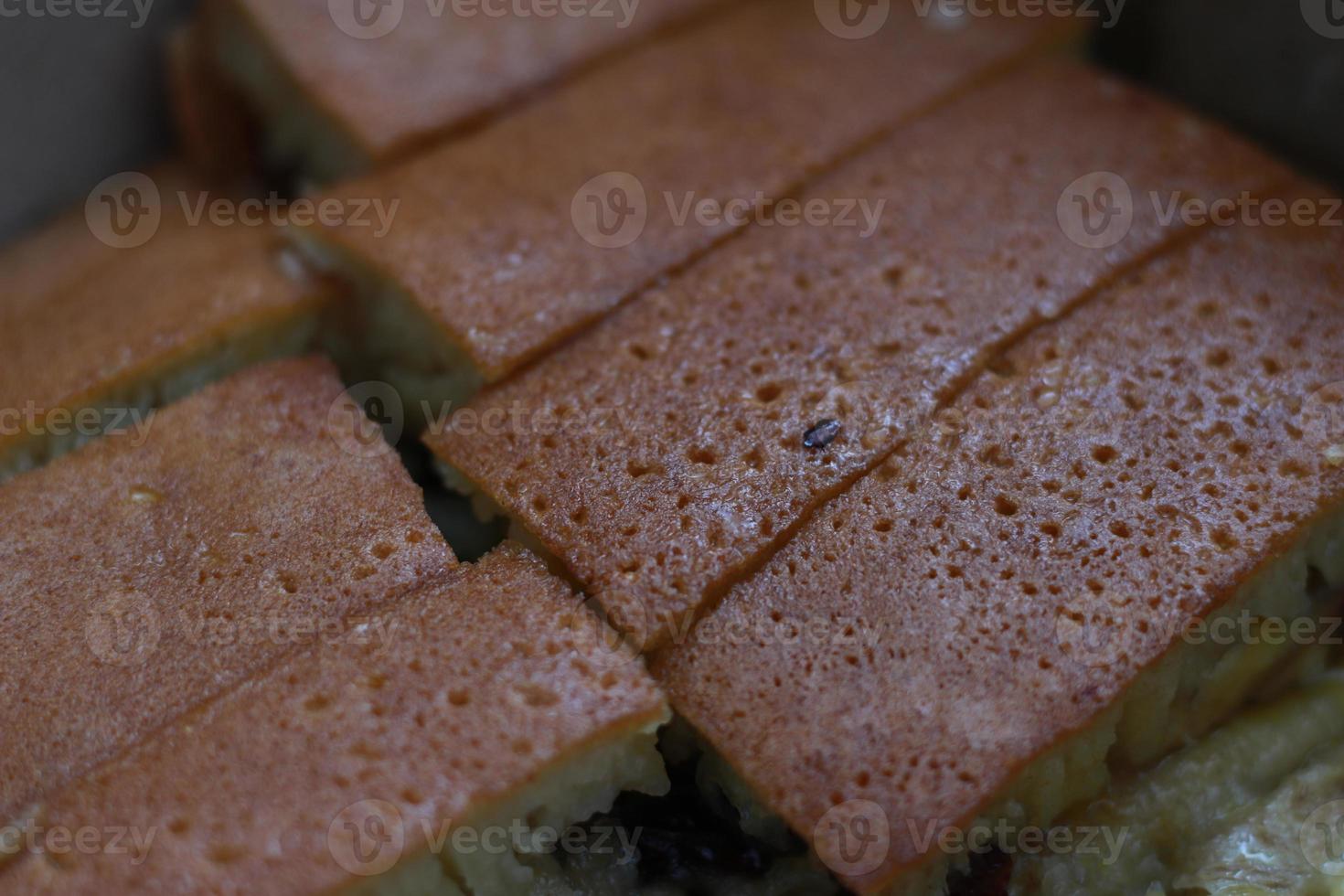 une plat appelé sucré Martabak surmonté avec raisins secs et bananes goûts sucré et est remplissage. fabriqué de farine pâte. servi chaud. nourriture concept photo. photo