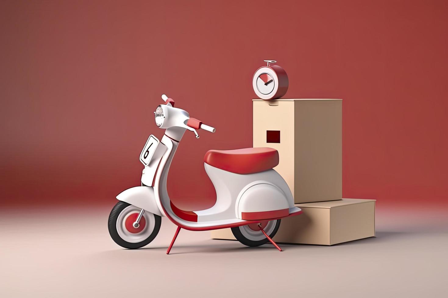3d vecteur scooter avec boîte, livraison courrier service, temps à achats concept photo