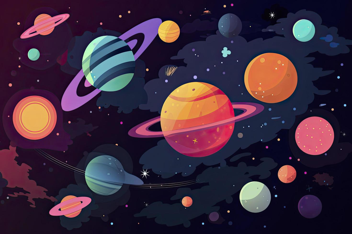 une coloré espace scène avec planètes, astroïdes, étoiles, nébuleuses et comètes. concept et Contexte en relation à espace, espace exploration et observation et astronomie photo