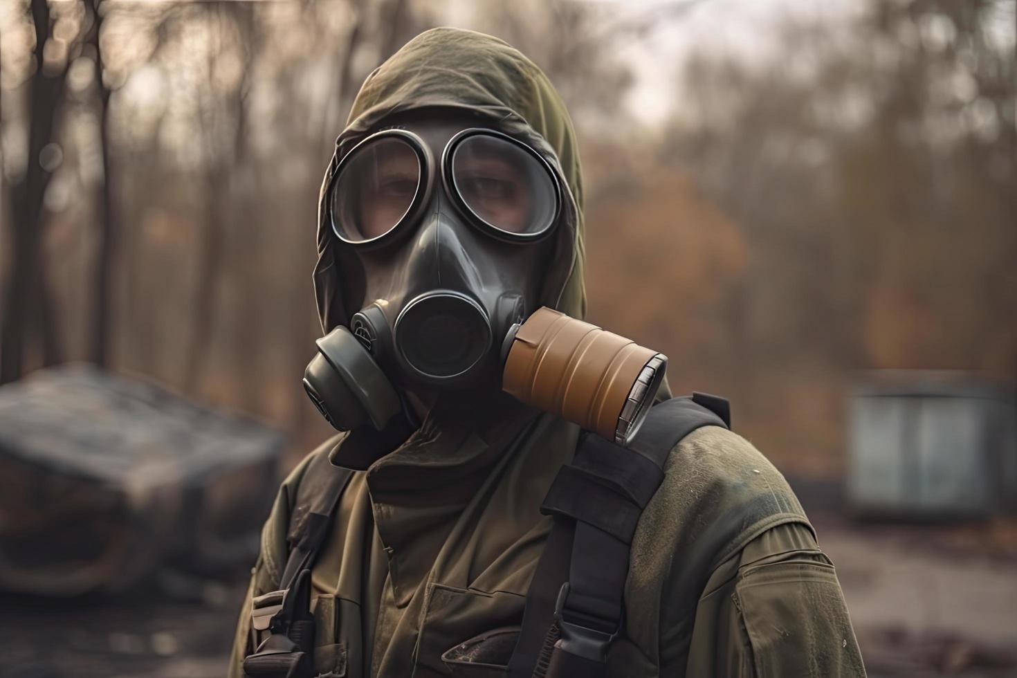 homme avec une gaz masque, nucléaire guerre et environnement catastrophe, radioactivité catastrophe, militaire équipement photo