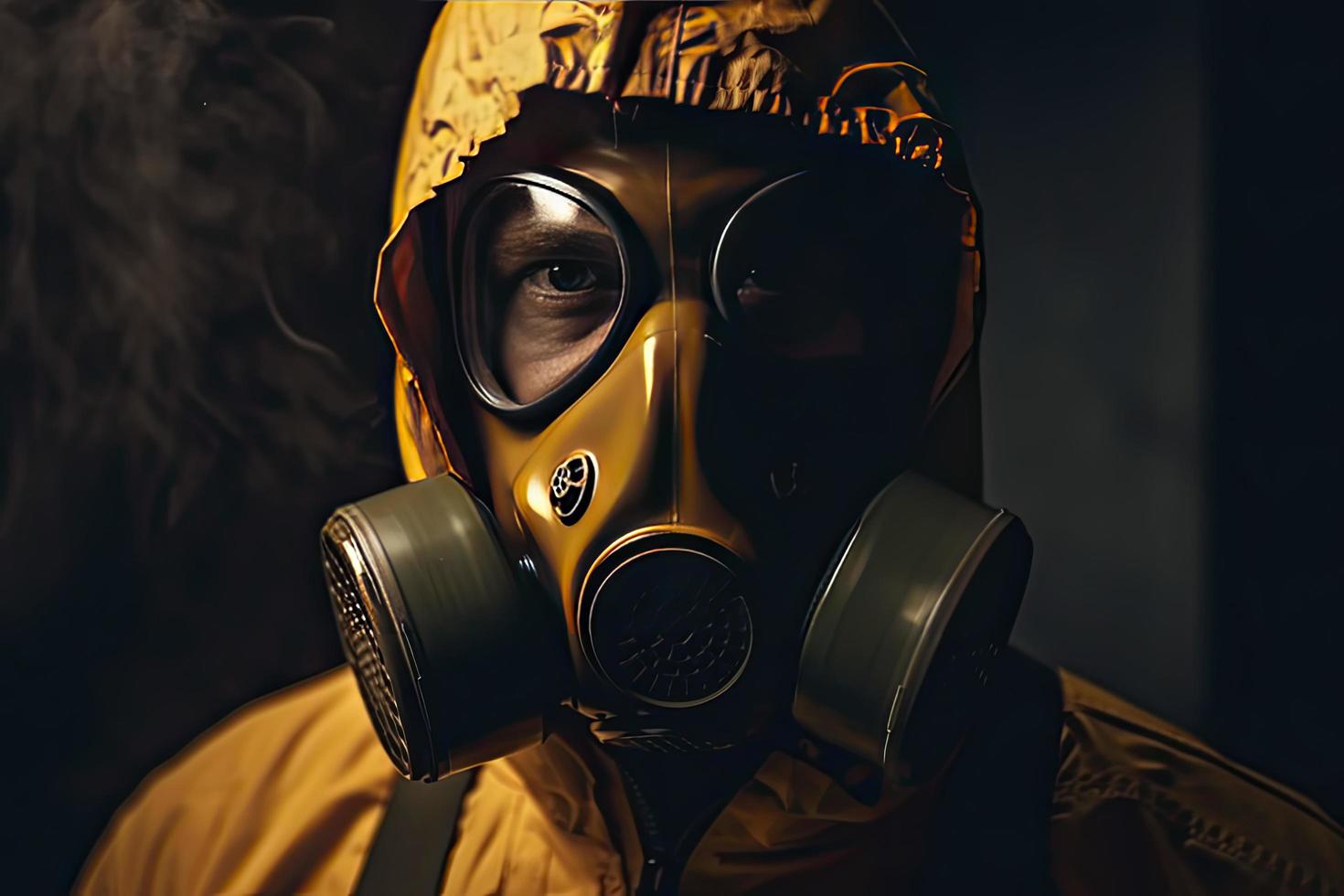 homme avec une gaz masque, nucléaire guerre et environnement catastrophe, radioactivité catastrophe, militaire équipement photo