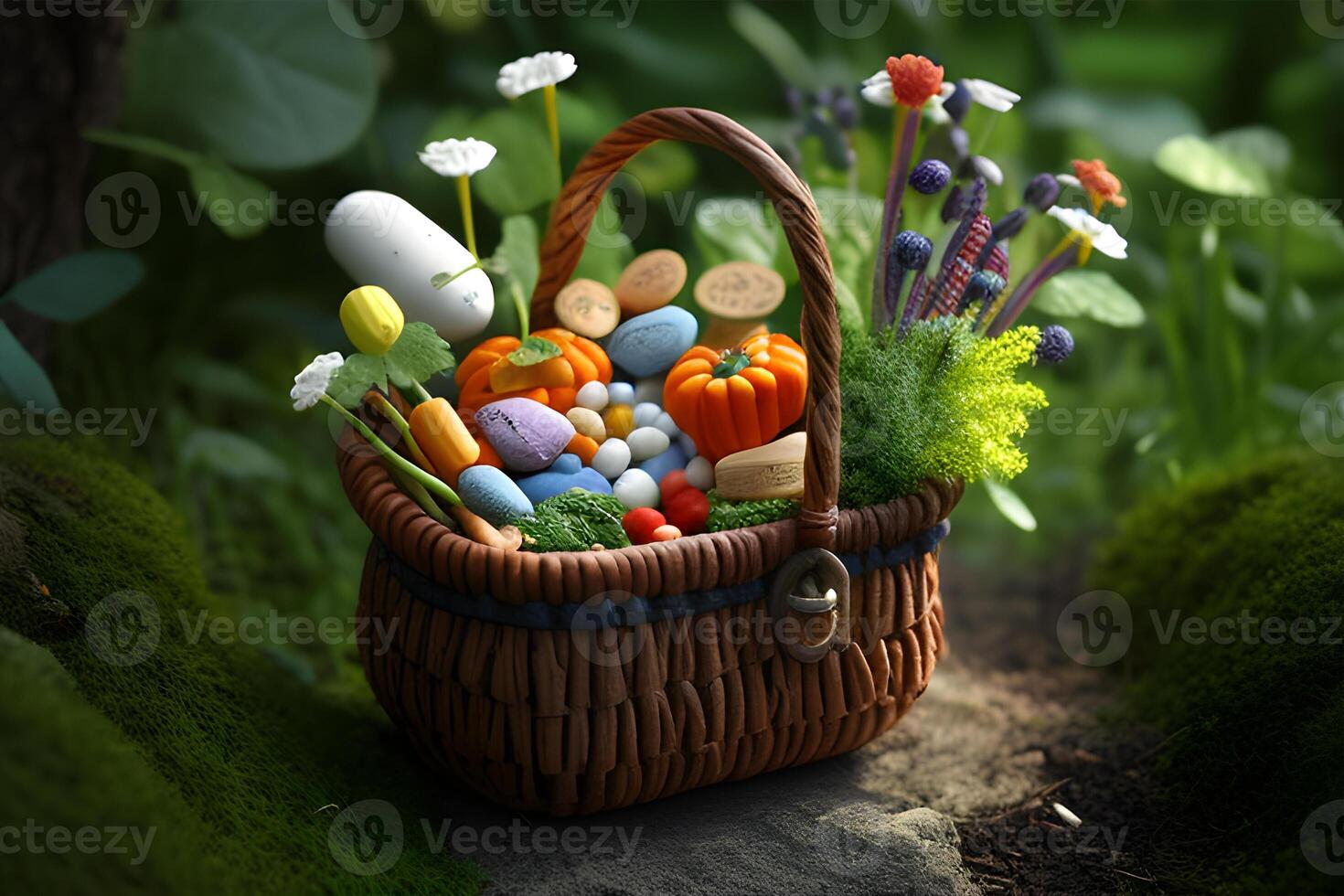 une panier avec œufs, médicaments, et fleurs pour monde santé journée. génératif ai. photo