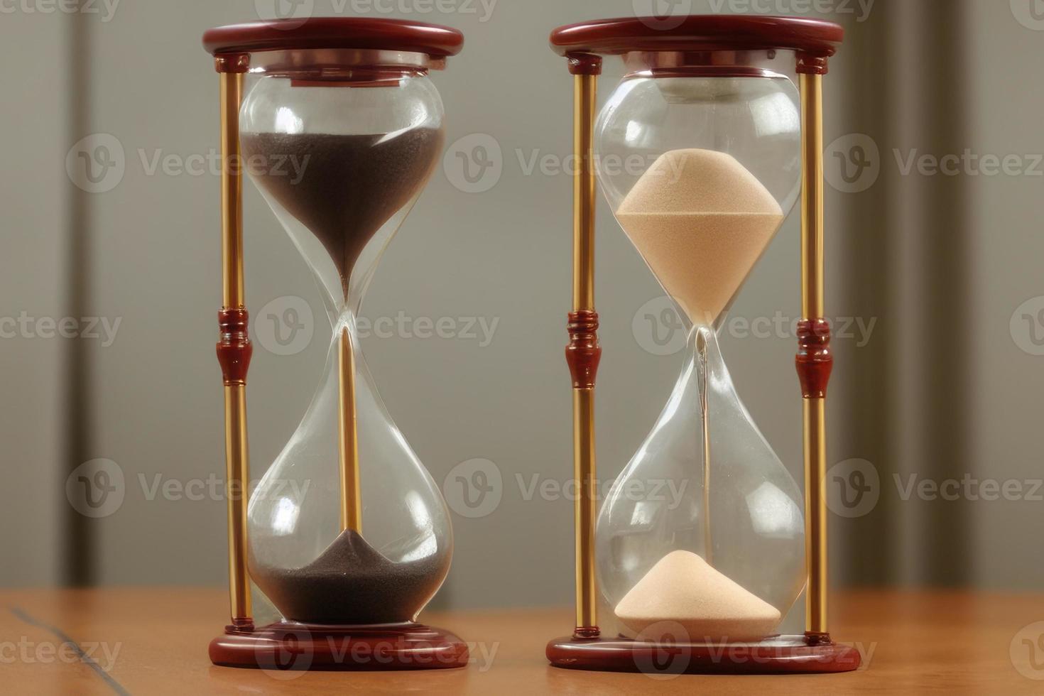 Sablier sur marron tableau, deux rétro temps verre compte à rebours minuteur, le sable dans verre photo