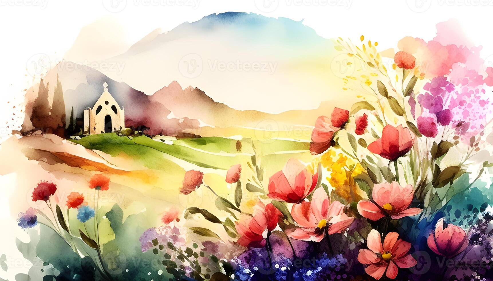 aquarelle printemps paysage conception avec des arbres, et fleurs. ai généré photo