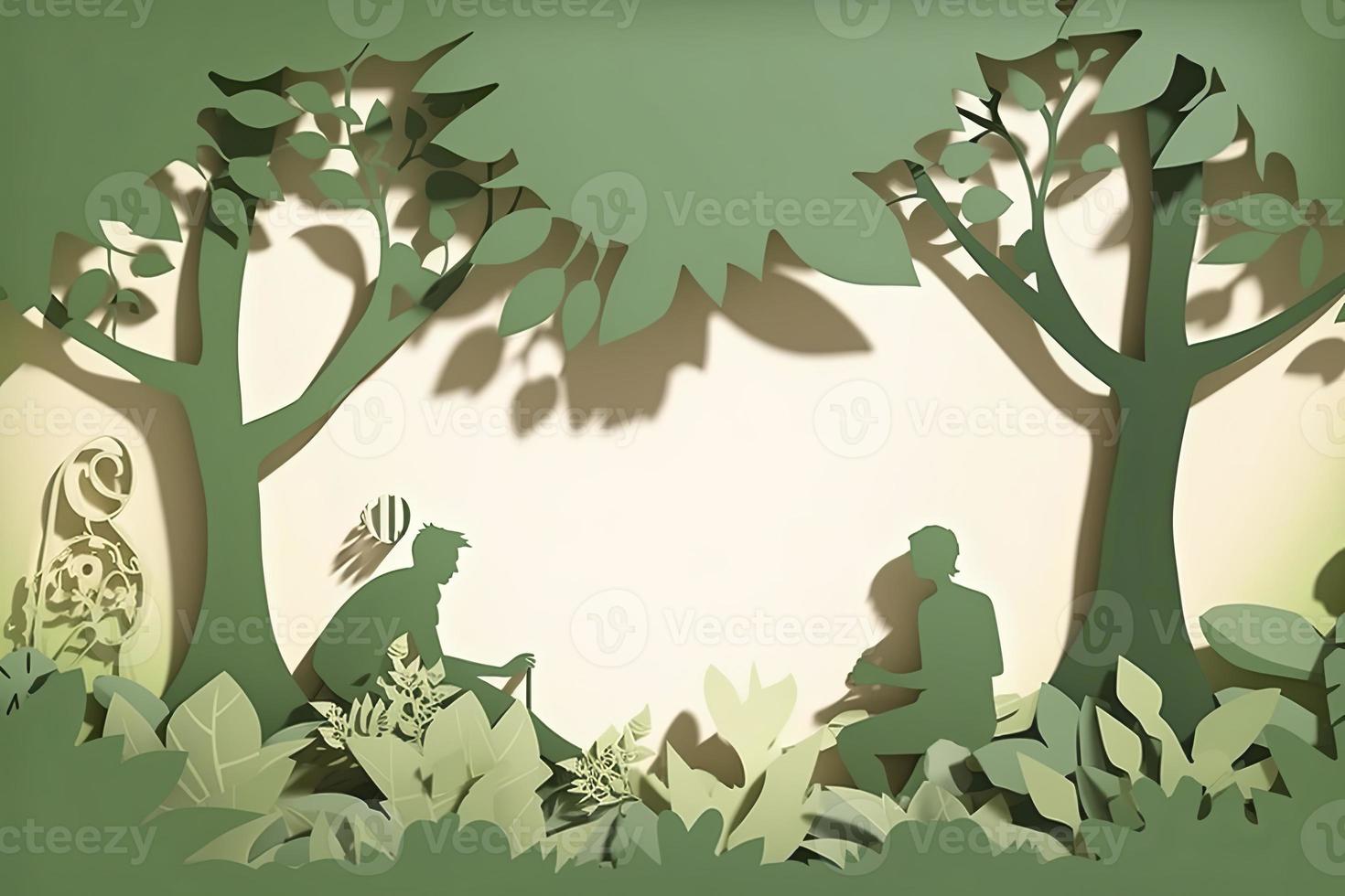 tonnelle journée bannière. papier Couper illustration de deux adulte silhouettes plantation une petit arbre dans la nature pour plus vert le monde environnement photo
