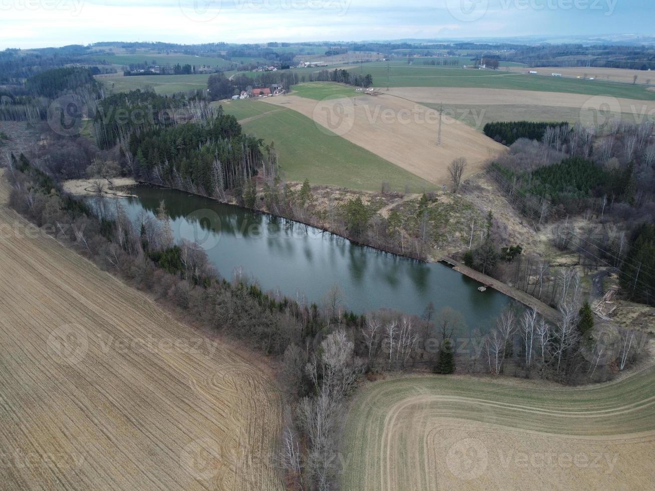 aérien vue de Naturel étang près le ville de havlickuv frère, tchèque république. forêt après écorce scarabée calamité photo