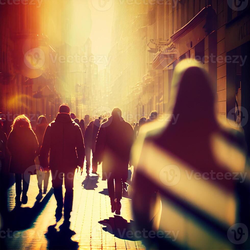 foule de gens en marchant de travail, le coucher du soleil flou bokeh Contexte - ai généré image photo