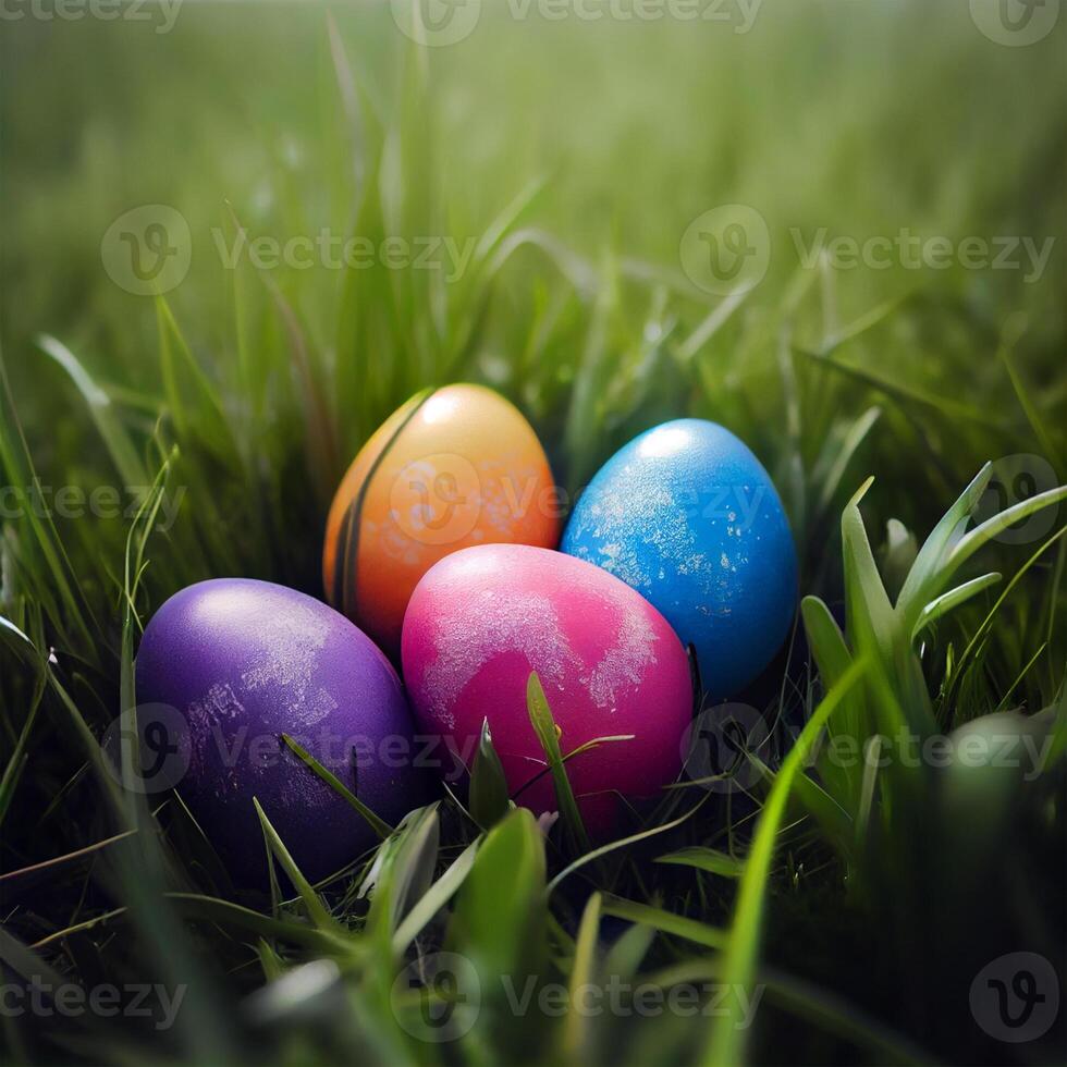 coloré Pâques des œufs mensonge dans dense vert herbe - ai généré image photo