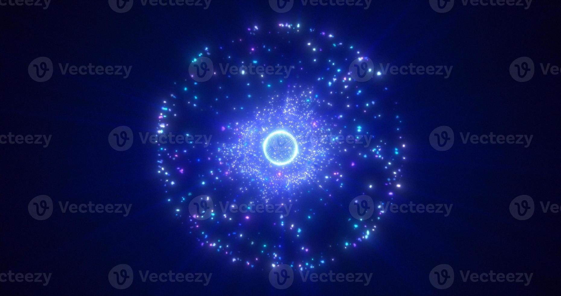 sphère bleue ronde abstraite molécule magique d'énergie rougeoyante avec des atomes de particules et de points cosmiques. fond abstrait photo